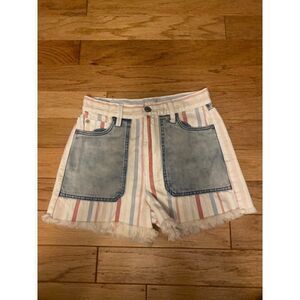 American Eagle, women's red/white/blue american flag themed frayed hem shorts 00